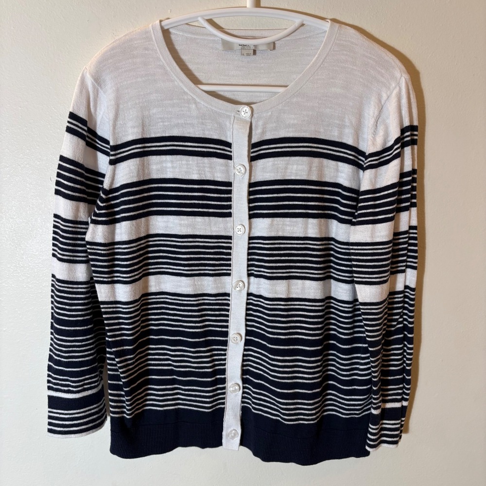 LOFT Striped Button Front Cardigan Sweater Size Large‎ White Navy